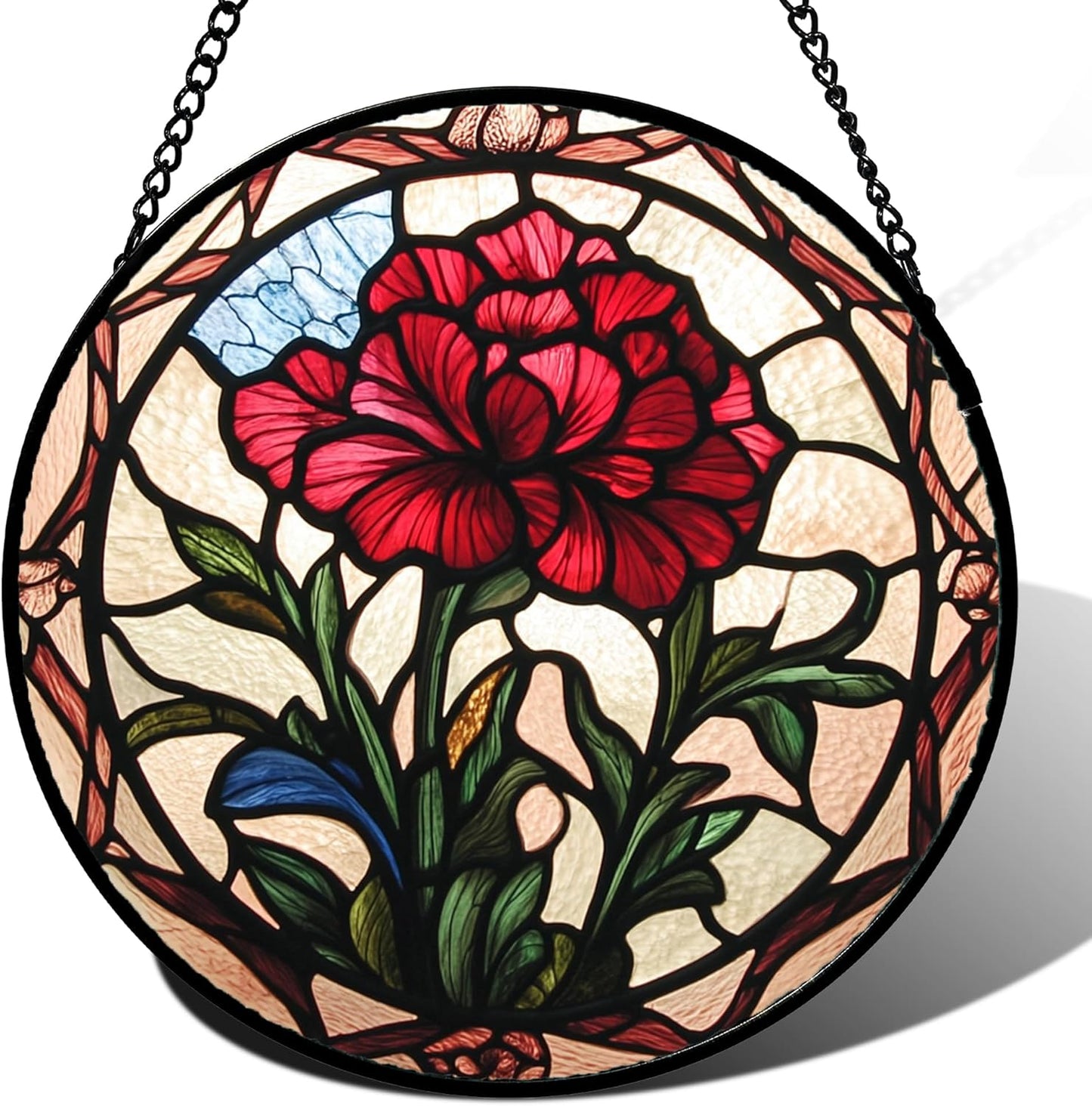 Stained Glass Window Hanging - Red Carnation Birth Flower Sun Catcher for Door Garden Home Decor Suncatcher Christmas Mother's Day Birthday Gifts for Women Men Mom Nana Friend Wife 7.8 in