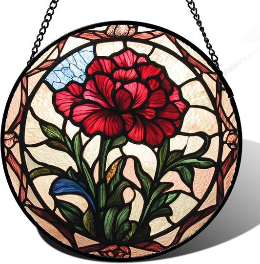 Stained Glass Window Hanging - Red Carnation Birth Flower Sun Catcher for Door Garden Home Decor