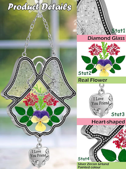KY&BOSAM Angel Suncatcher I Love You Frined Stained Glass Panels for Windows Hangings Wind Chime with Pressed Flower Glass with Metal Charm Birthday Gift for Women Friend Mothers Day Christmas Decor