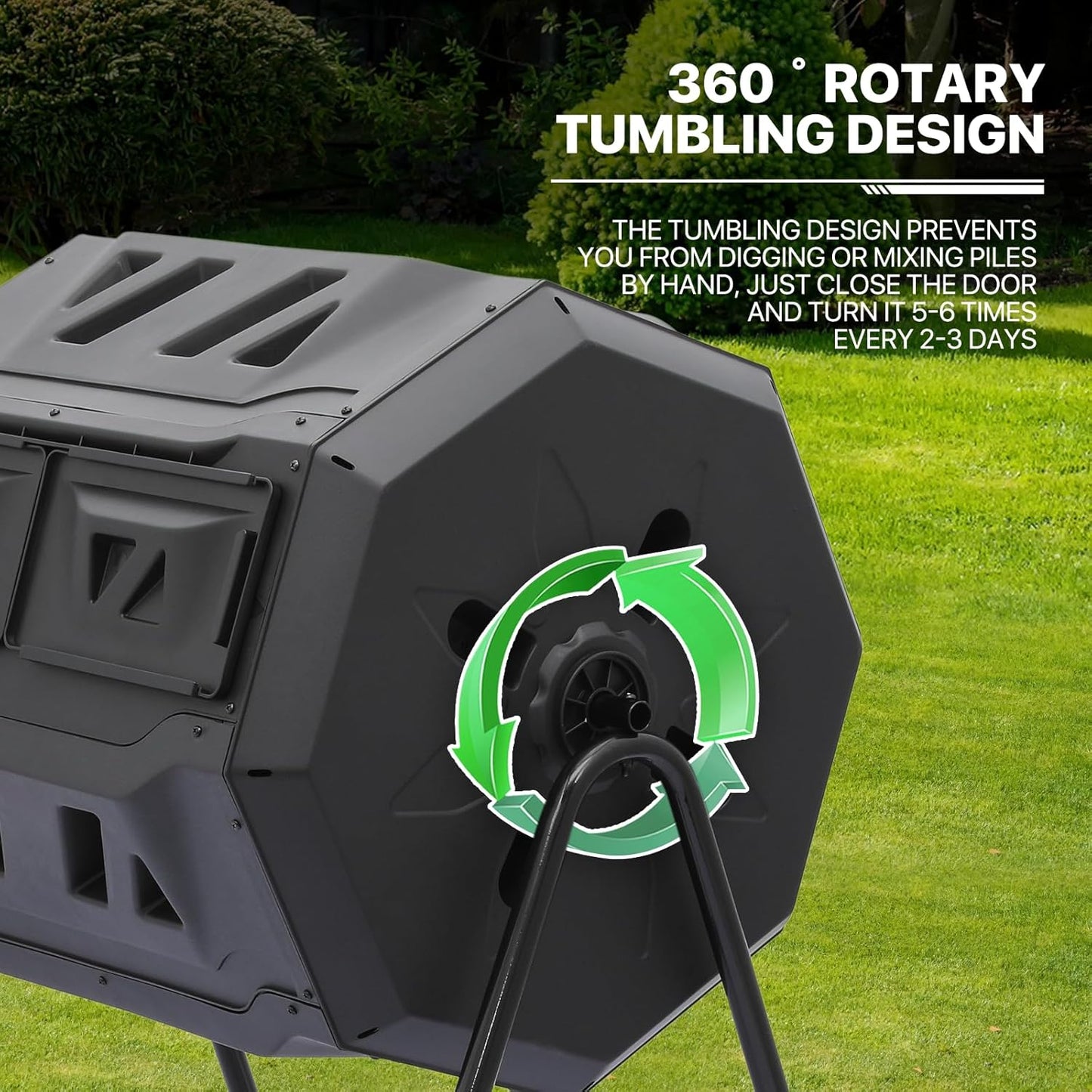 MoNiBloom 43 Gallon Compost Tumbler, Outdoor BPA Free Large Dual Chamber Tumbling Compost Bin All-Season Fast Working Tumbling Composter, High Volume Composter with 2 Sliding Doors