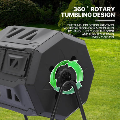 MoNiBloom 43 Gallon Compost Tumbler, Outdoor BPA Free Large Dual Chamber Tumbling Compost Bin All-Season Fast Working Tumbling Composter, High Volume Composter with 2 Sliding Doors