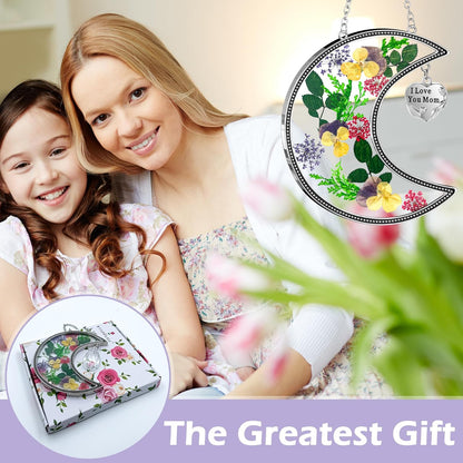 KY&BOSAM Moon Suncatcher Mom Gifts Stained Glass for Window Hangings Wind Chimes Decor with Pressed Real Flower and Metal I Love You Mom Heart Charm Birthday Gift for Women Mother`s Day Christmas