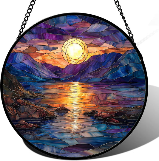 Stained Glass Window Hanging - Blue Purple Lake View Suncatcher for Door Terrace Garden Home Decor