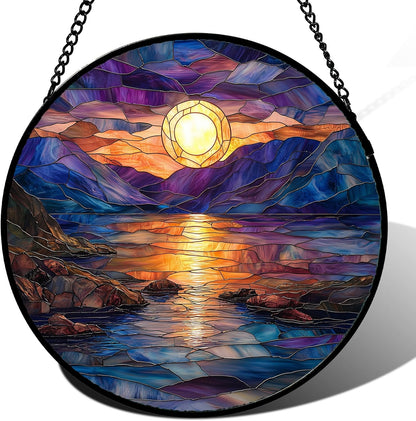 Stained Glass Window Hanging - Blue Purple Lake View Suncatcher for Door Terrace Garden Home Decor Sunset Landscape Sun Catcher Birthday Gifts for Lovers Women Men Dad Mom Nana 6.3 in