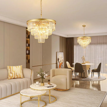 Crystal Chandeliers for Dining Room Lights Fixture Over Table, 15 Lights Gold Modern Chandeliers for Living Room, 4-Tier Round Crystal Lighting Fixtures for Bedroom Entryway Kitchen Island D24 Inch