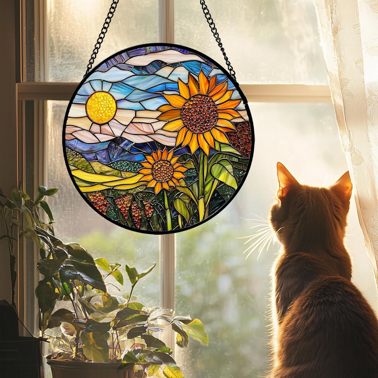 Stained Glass Suncatcher, Sunflower Flowers Landscape Sun Catcher Plant Mountains Stain Glass Window Hanging Decoration Mother's Day Birthday Gifts for Women Men Mom Nana 6.3 in
