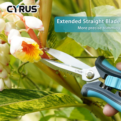 CYRUS Pruning Shears 8" Hand Gardening Scissors Extended Straight Carbon Blades Trimming Precision Bud Scissors with Sharp Serrations Widely Used for Gardening, Hydroponics, Grow Tents-CYRUS