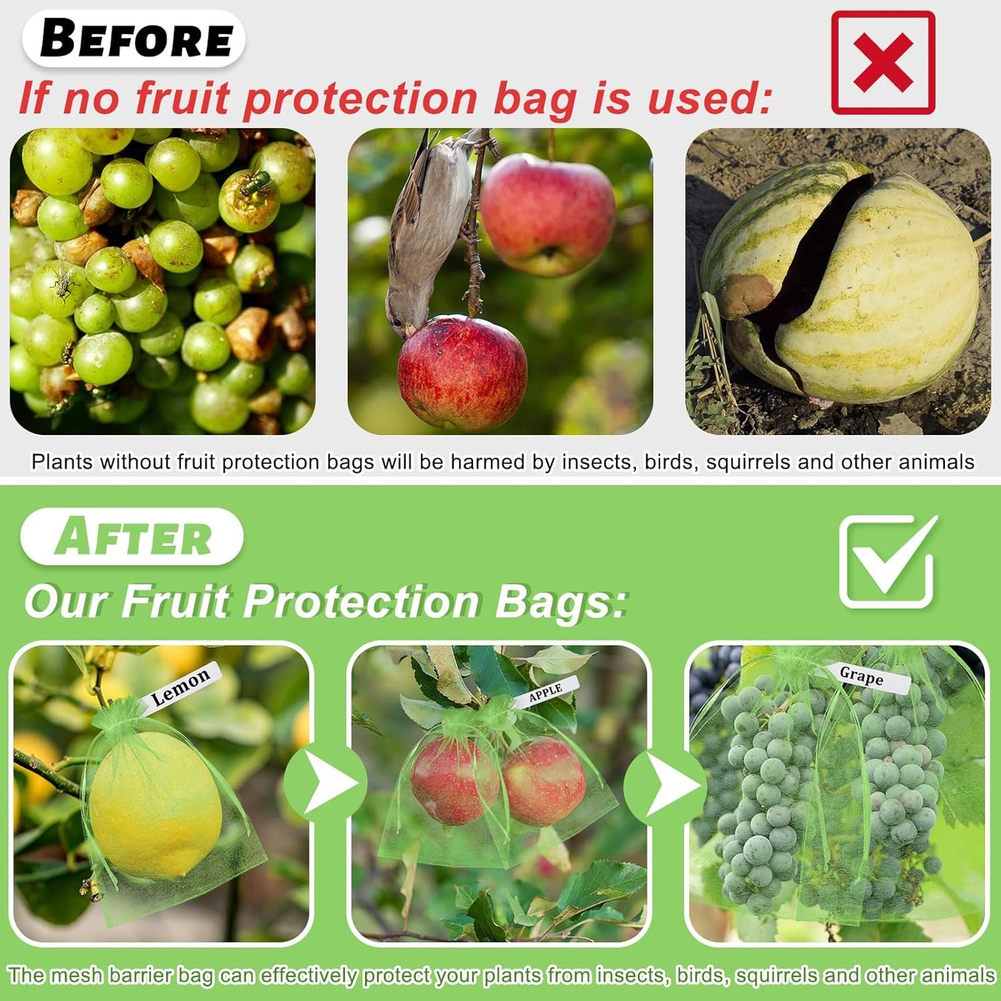 120 Pcs Fruit Protection Bags 3 Size Green Mesh Bags for Fruits Vegetables with 120 Pcs Plant Label Drawstring Mesh Pest Barrier Netting Cover for Veggies Garden