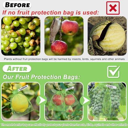 120 Pcs Fruit Protection Bags 3 Size Green Mesh Bags for Fruits Vegetables with 120 Pcs Plant Label Drawstring Mesh Pest Barrier Netting Cover for Veggies Garden