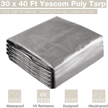 Yescom 30x40ft Heavy Duty Reinforced Poly Tarp Waterproof Tarpaulin 10-mil Ground Sheet Camping Tent Cover with Eyelets Reversible Silver Black Tarps