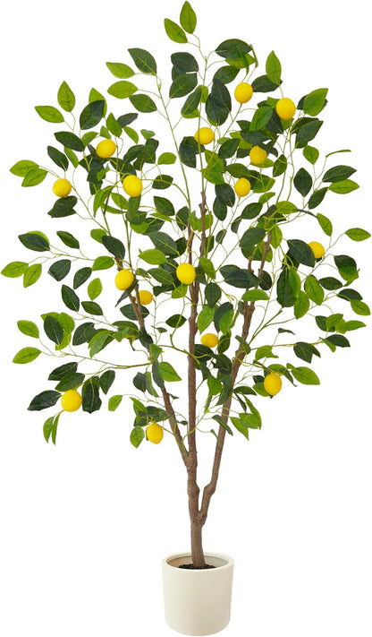 Artificial Lemon Tree, 5ft Tall Fake Lemon Silk Plant with White Planter, Faux Lemon Plastic Fruit Tree for Indoor Home Decor Office Garden
