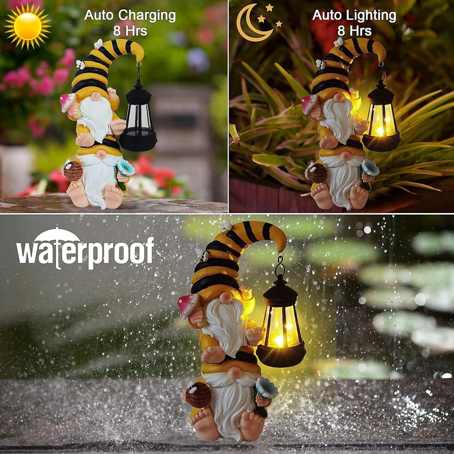 Garden Gnomes Outdoor Statue Solar Bee Garden Gnomes with Led Lantern Outdoor Decor for Yard,Patio,Lawn,Gnome Gifts for Women,Mom,Gnomes Decorations for Yard