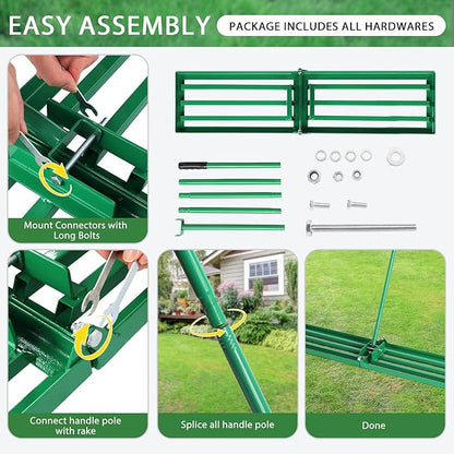 VINGLI Iron Lawn Leveling Rake 36in for Soil Sand Composs, Extended Handle, 180°Rotation Head, with All Handwares, for Yard Garden Golf Field, Green (36in)