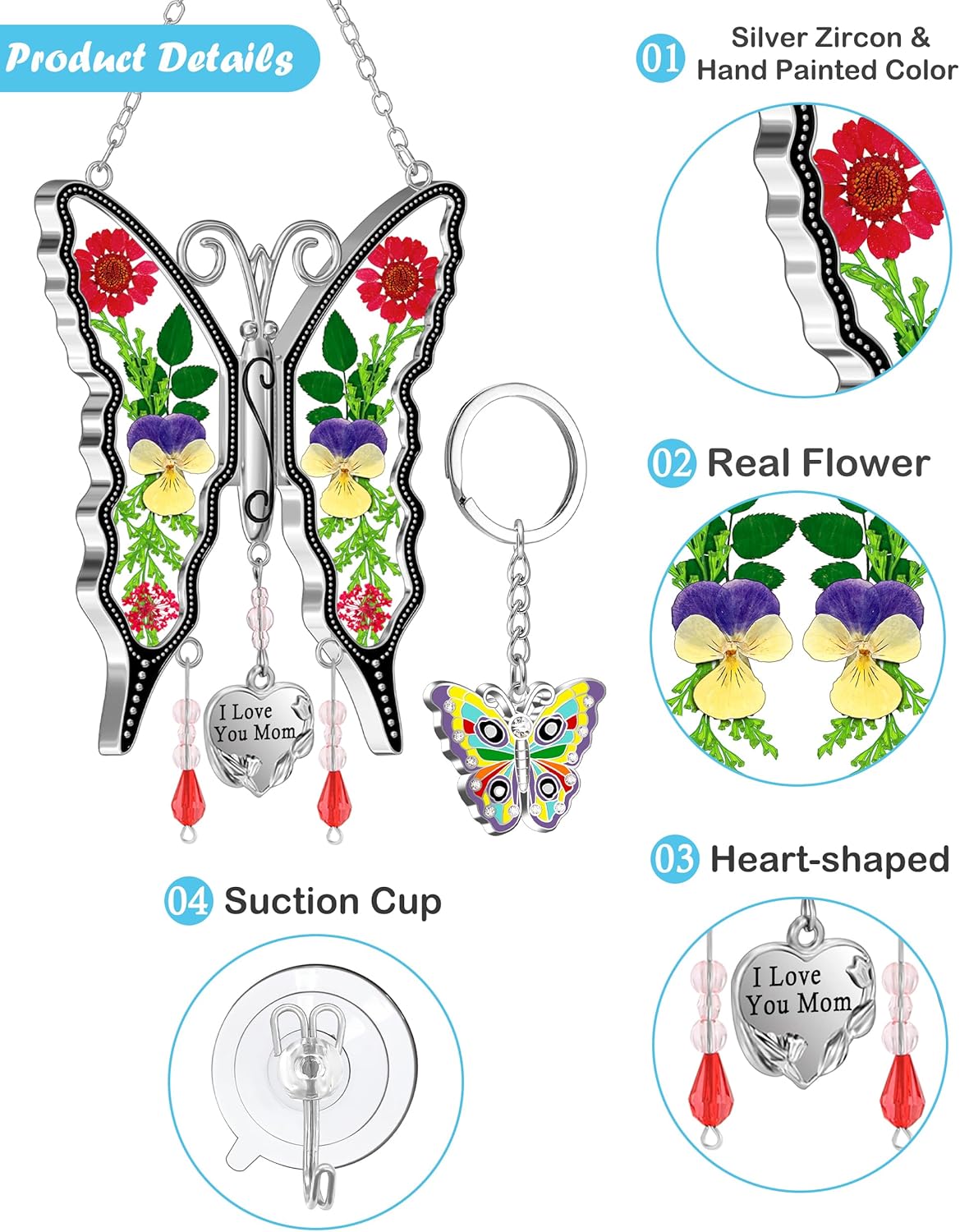 KY&BOSAM Gifts for Mom I Love You Mom Butterfly Suncatcher Mother Gift Purple Butterfly Stained Glass for Windows Hanging Wind Chime Pressed Real Flowe Birthday Gift for Women Mother`s Day Christmas