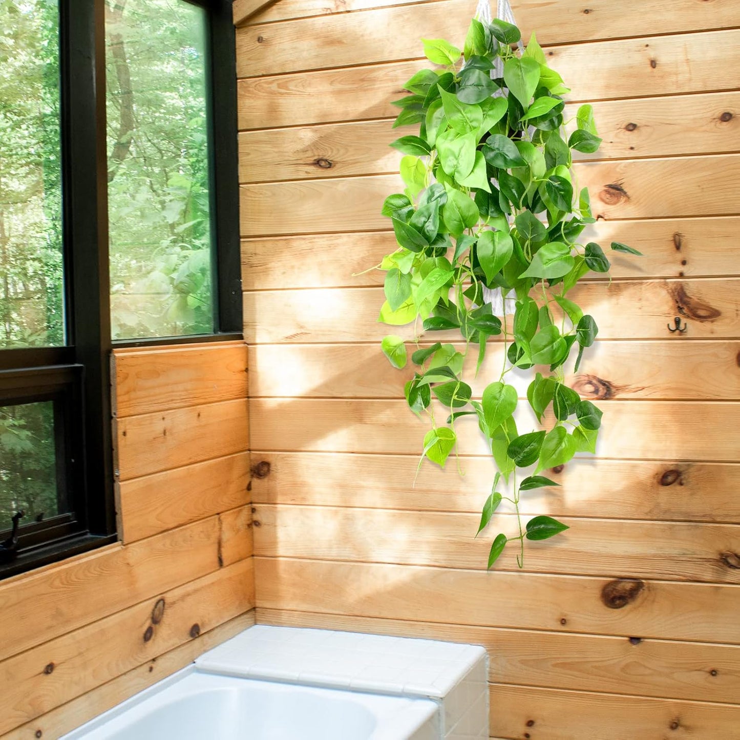 LOYWREE 35.4in Artificial Plants in Black Pot Realistic Fake Hanging Potted Greenery with Faux Ivy Vine & Pothos - Ideal for Shelf, Home, Office, Indoor & Outdoor Garden Decor