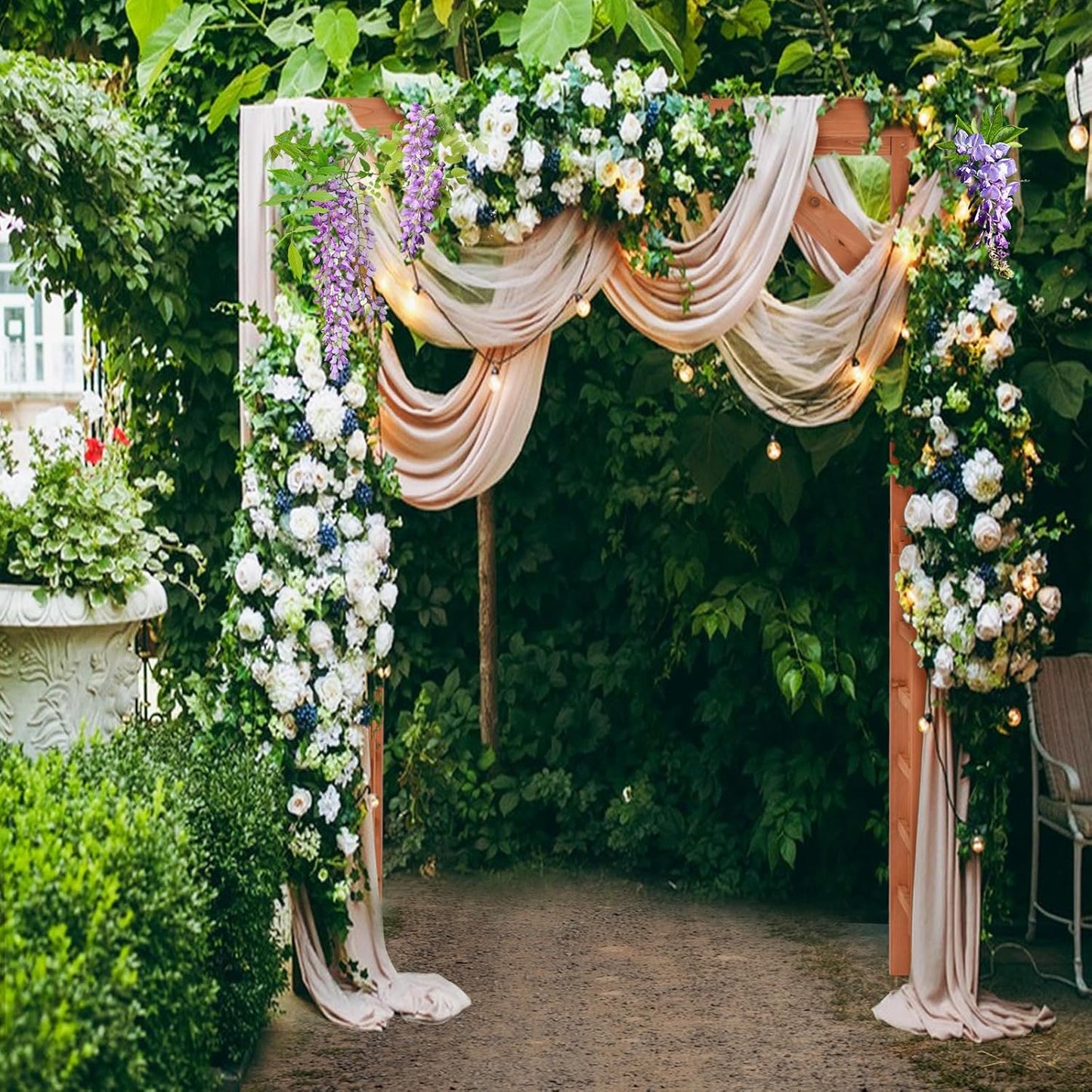 Happygrill Wood Garden Arbor, 84 Inch Outdoor Archway Pergola w/Decorative Hanging Roof & Side Climbing Trellis, Garden Arch for Climbing Plants, Wedding Ceremony Decoration, Lawn, Party