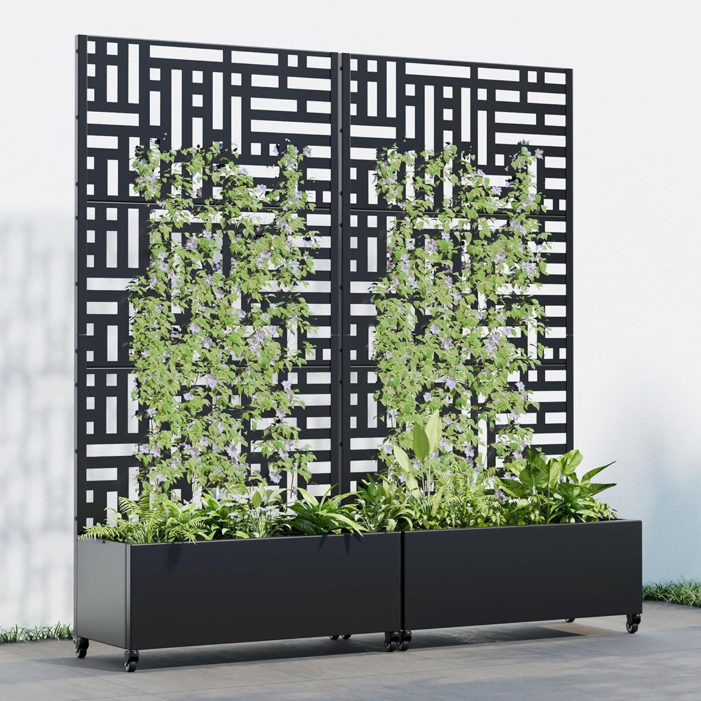 Casaphoria 72"x35" Metal Raised Garden Bed with Trellis(2 Pack), Outdoor Planter Box with Wheels & Drainage Holes for Climbing Plants, Flowers, Elevated Garden Kit with Privacy Screen, Black-Helen