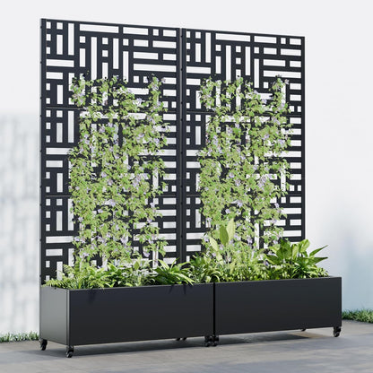 Casaphoria 72"x35" Metal Raised Garden Bed with Trellis(2 Pack), Outdoor Planter Box with Wheels & Drainage Holes for Climbing Plants, Flowers, Elevated Garden Kit with Privacy Screen, Black-Helen