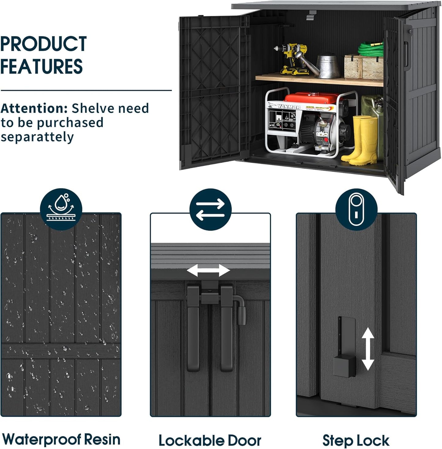 KAMABOKO Outdoor Storage Cabinet 36 Cu.Ft Outdoor Trash Can Storage Shed Waterproof Horizontal Storage Shed Outdoor Storage for Backyard, Patio, Poolside (Black)