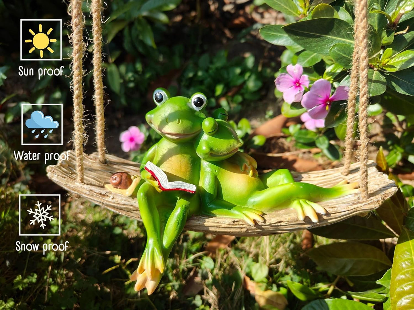 Artisan Flair Hanging Swing Frog Statues - Frog Statues for Garden Outdoors, Reading Book Frog Figurine, Resin Couple Decor for Garden, Balcony, Tree Decoration