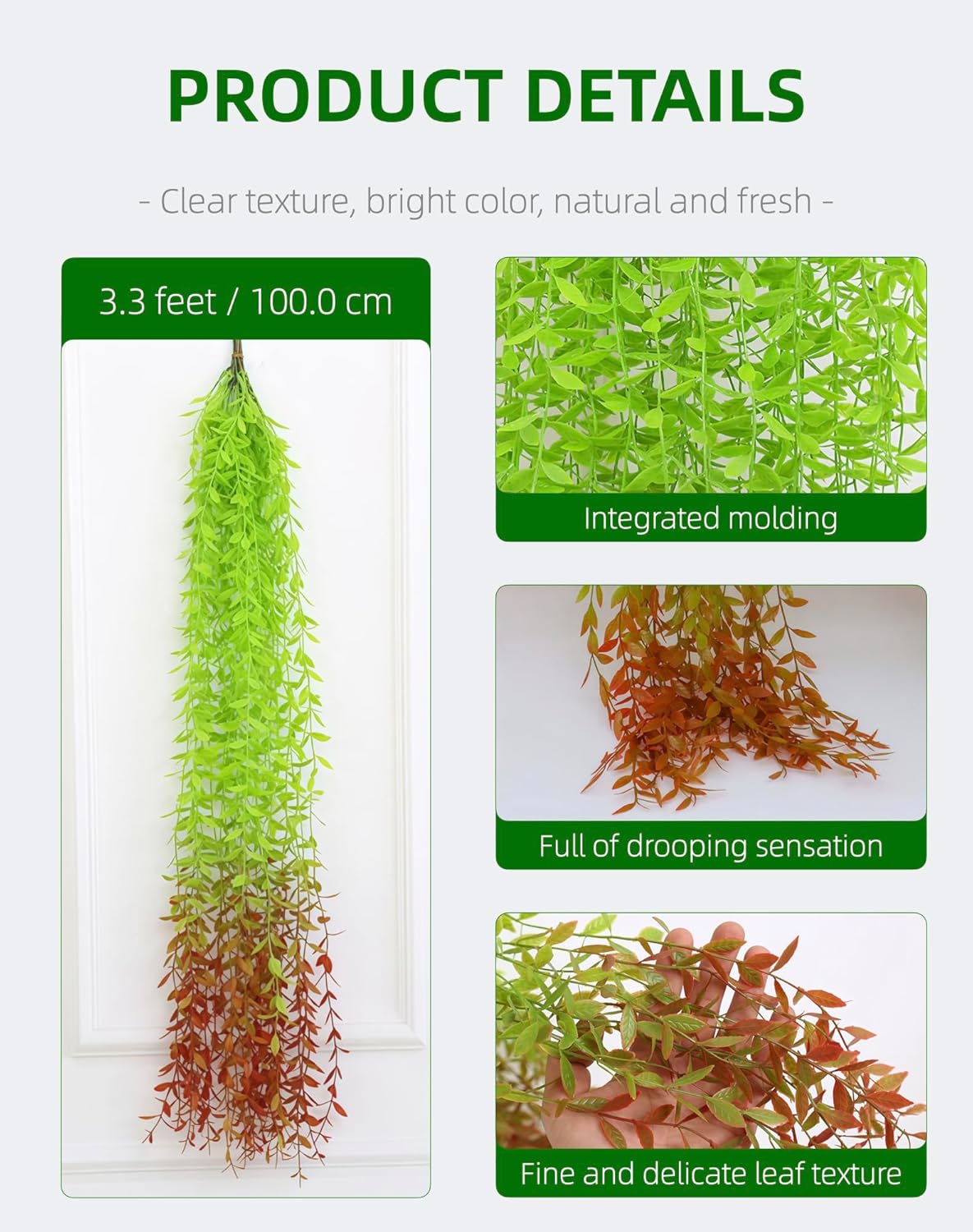 5 Pack Artificial Hanging Willow Vine (3.3ft) - Fake Greenery Plants for Indoor/Outdoor Decor, Wedding & Photography - Red Tail Design (No Basket Included)