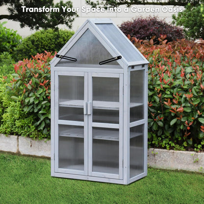 JOYBASE Wooden Mini Cold Frame Greenhouse for Outdoor with Adjustable Shelves, Opening Roof & Wall Mounts - Ideal for Patio, Balcony & Garden, Grey