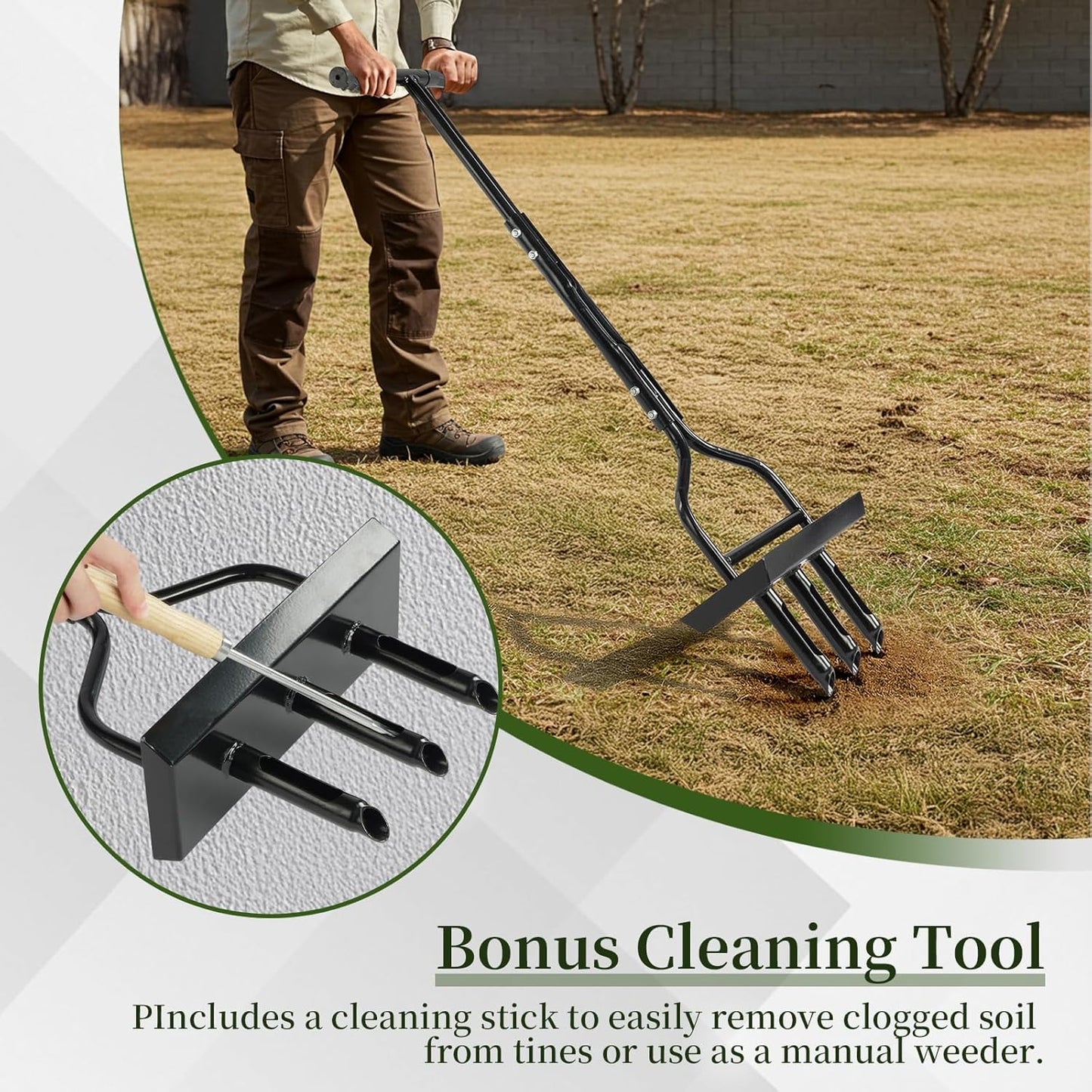 VINGLI Lawn Aerator, 43 inch Manual Aerator Tool with Soil Core Tray, Grass Plug Aerator with 3 Tines for Gardening Soil Compaction Lawn Yard Care, Black