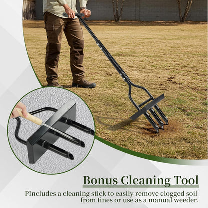 VINGLI Lawn Aerator, 43 inch Manual Aerator Tool with Soil Core Tray, Grass Plug Aerator with 3 Tines for Gardening Soil Compaction Lawn Yard Care, Black