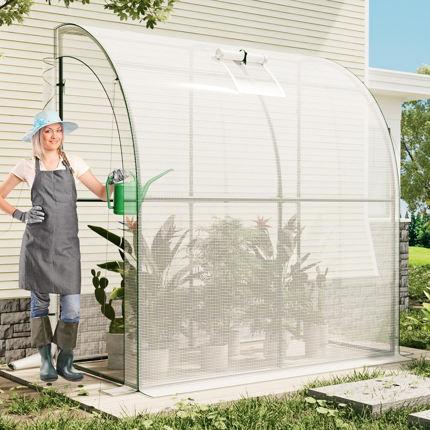 SPECILITE 79” x 40” x 83” Lean to Greenhouse for Outdoors, Portable Walk-in Plant Green House with 1 Roll-up Zipper Door and Mesh Window, Reinforced Steel Frame with PE Cover, Anchor and Ropes, White
