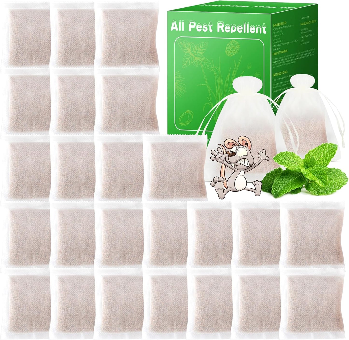 24 Pack Natural Mice Repellent - Peppermint Oil to Repel Rats Mice Vole Mole Deterrent for Car Engines Indoor and Outdoor, Safe for Humans & Pets, Pouches for Other Pest Roaches