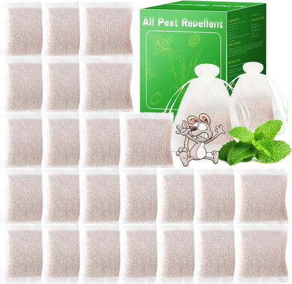 24 Pack Natural Mice Repellent - Peppermint Oil to Repel Rats Mice Vole Mole Deterrent for Car Engines Indoor and Outdoor, Safe for Humans & Pets, Pouches for Other Pest Roaches