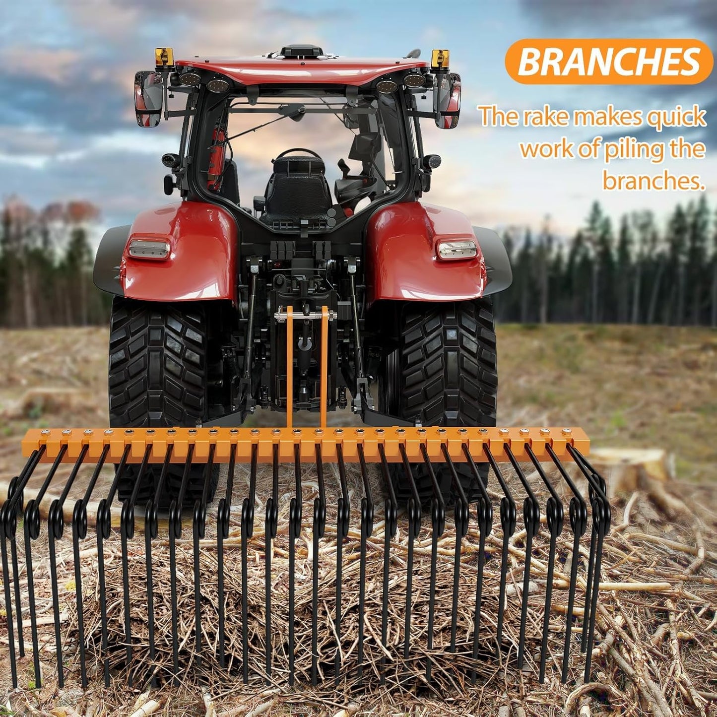 60" Durable Powder Coated Steel Pine Straw Rake, Steel Spring Landscape Rake for Leaves, Pine Needles, Straw, and Grass Attaches to Cat 0 Cat 1,3 Point Hitch Tractor, Yellow