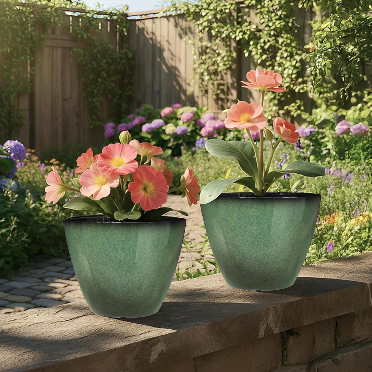 2 Pack Plant Pots for Indoor Outdoor Plants, 8 inch Plastic Flower Pots, Glazed Planter for Aloe, Herbs, Cactus (Green, 2pcs)