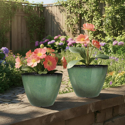2 Pack Plant Pots for Indoor Outdoor Plants, 8 inch Plastic Flower Pots, Glazed Planter for Aloe, Herbs, Cactus (Green, 2pcs)