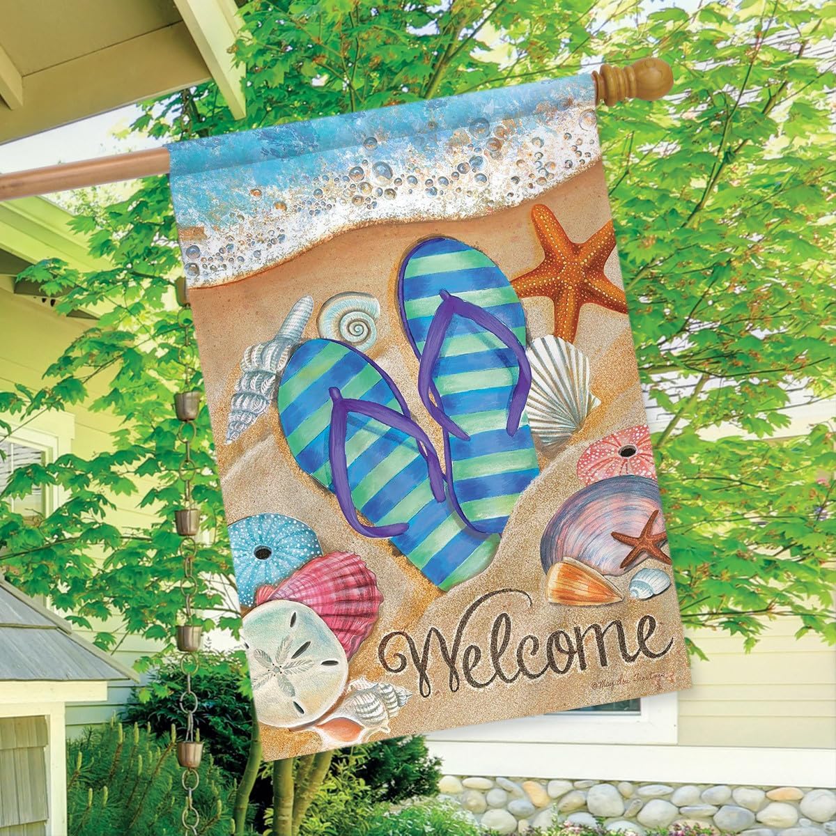 Day in the Sun Summer House Flag Flip Flops Welcome Shoreline 28" x 40"