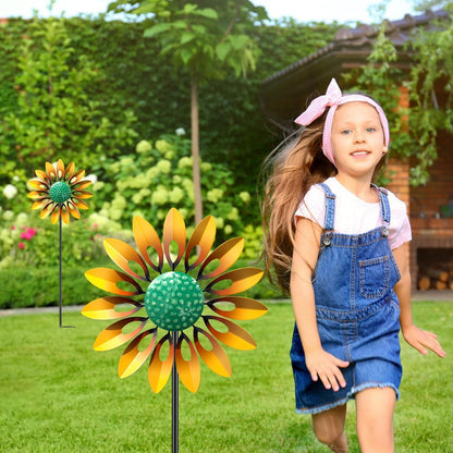 2pcs Sunflower Wind Spinner Outdoor, Freestanding Kinetic Wind Sculpture with Stake, Metal Windmill for Outside Garden Lawn Yard Art Decorations Yellow