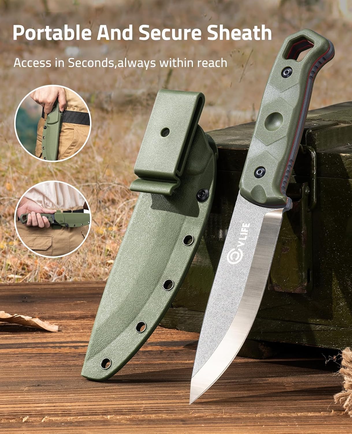 CVLIFE Full Tang Fixed Blade Knife with Sheath,Sharp Blade Made of D2 Steel with Nylon Fiberglass Handle,Survival Knife for Men Outdoor Hunting Camping and EDC Bushcraft,Green