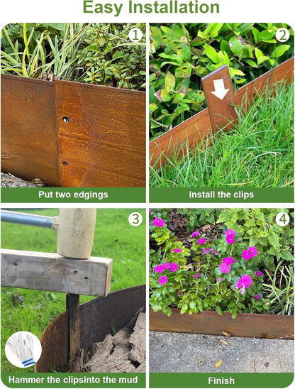 Landscape Edging Border, 40" L x 4" H 3Pack(10FT Total Rusted Corten Steel Garden Edging with Spikes, Sturdy Elegant Metal Lawn Broder for Flower Beds, Pathways, Paver Edges and Yard