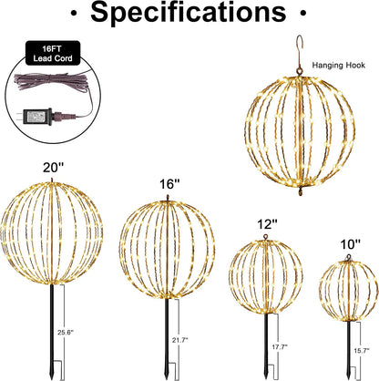 LIGHTSHARE 12IN 96LED Light Ball Light Garden Yard Decoration Pathway Lights Sphere Light with Fold Flat Metal Frame Indoor Outdoor Waterproof, Plug in