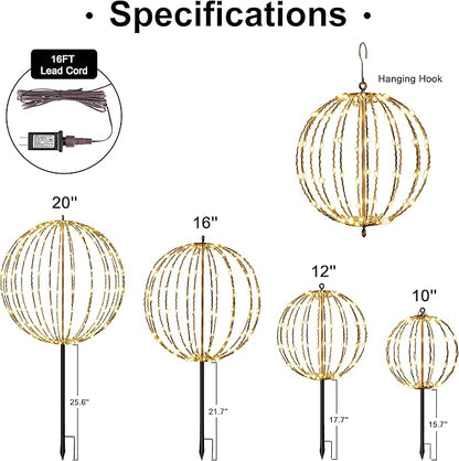 LIGHTSHARE 10IN 48LED Light Ball Yard Decoration Pathway Lights Sphere Light with Fold Flat Metal Frame Indoor Outdoor Waterproof Garden Lights, Brown Frame / Warm White Lights, 10
