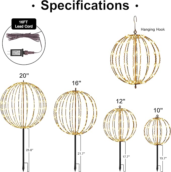 LIGHTSHARE 20IN 200LED Light Ball Yard Decoration Pathway Lights Sphere Light Fold Flat Metal Frame Indoor Outdoor Waterproof Garden Lights, Brown Frame / Warm White Lights