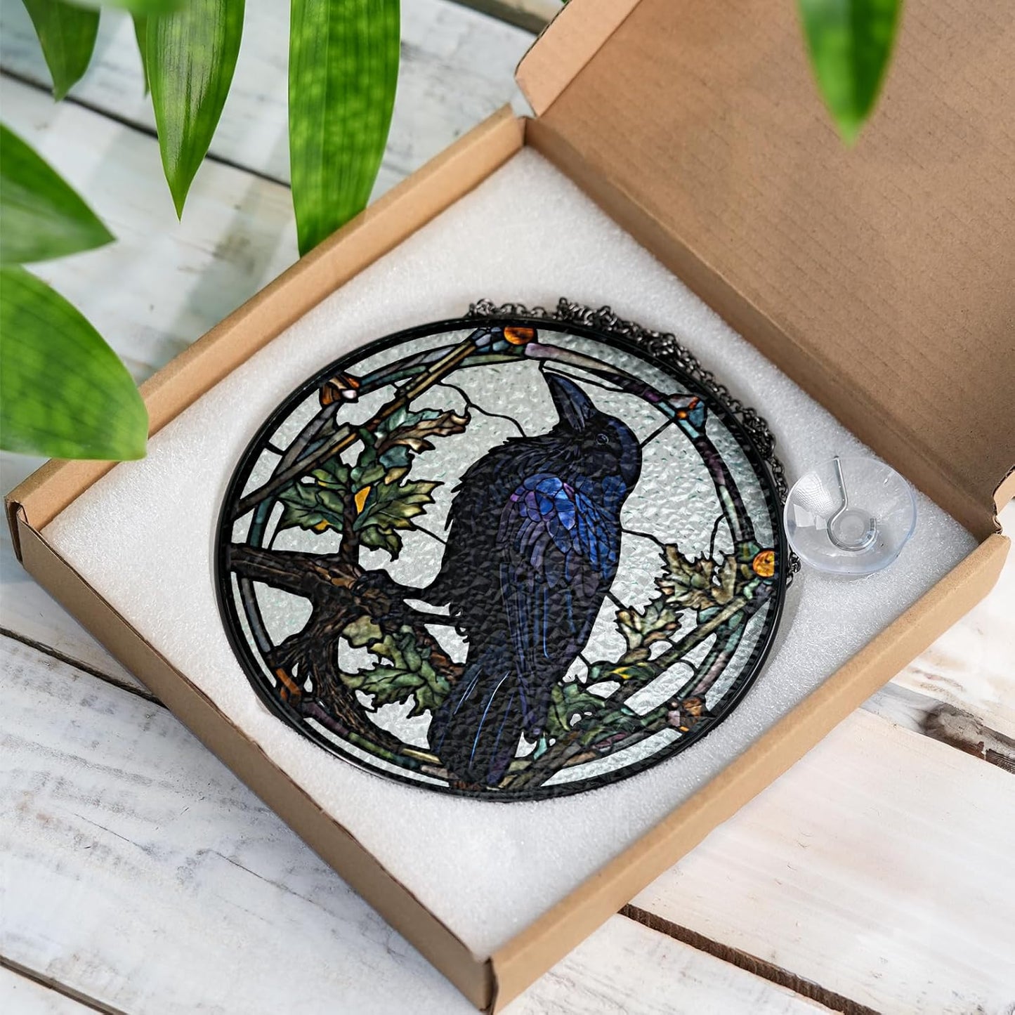 6" Crow Stained Glass Suncatchers Art Glass Ravens for Sun Catcher Indoor Gothic Gifts for Pet Animal Nature Floral Lovers Women Grandma Mom Friend Painted Panel Décor BIRD-04B-SG6