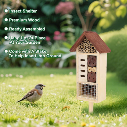 Lulu Home Wooden Insect House with Stake, Hanging & Inserting Two Mount Ways Insect Hotel for Bee, Butterfly, Ladybirds, Beneficial Insect Habitat, Bug Hotel Garden, 19.7 X 3.4 X 5.4 Inch
