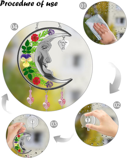 KY&BOSAM Moon Suncatcher Mom Gifts Stained Glass for Windows Hangings Wind Chime Decor with Pressed Real Flower and Metal I Love You to The Moon and Back Heart Charm for Home Christmas Trees Patio