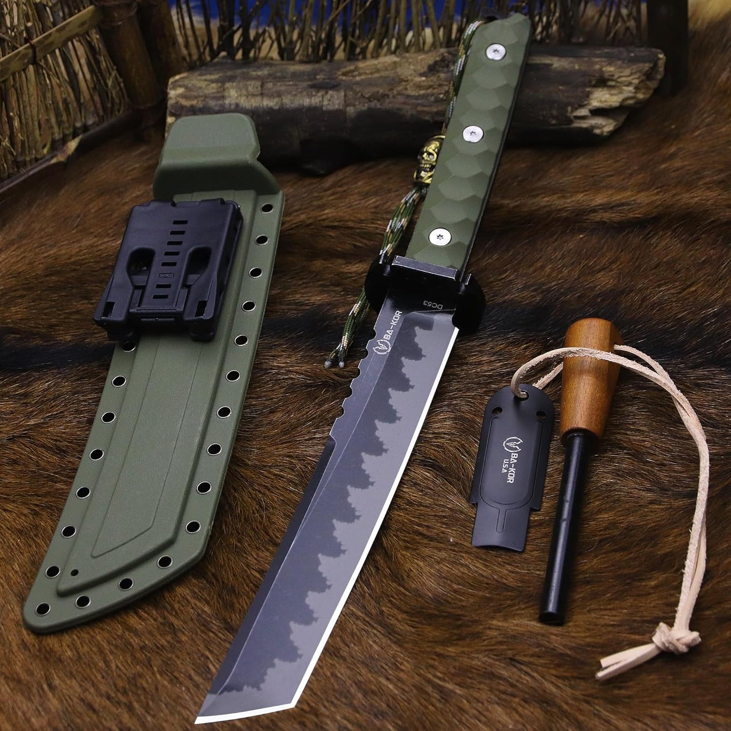 BA-KOR 15.8in Full Tang Japanese Style Outdoor Knife –8mm DC53 Steel, Nylon Fiber Handle &Sheath, Hunting Survival Knife+(5.9in) cerium igniter (Green handle and black blade (8mm))