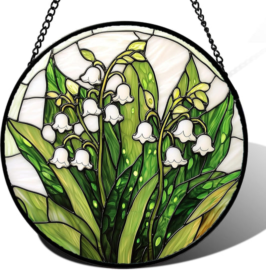 Stained Glass Window Hanging, Lily of The Valley Flower Sun Catchers Colorful Glass Panel Green