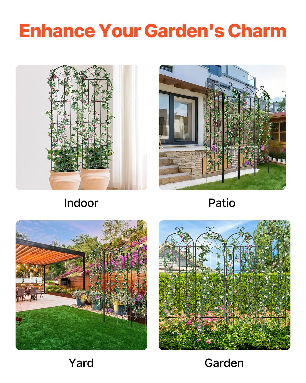 VEVOR Garden Trellis for Climbing Plants, 87 x 20 in, 4 Packs Rustproof Metal Garden Flower Rose