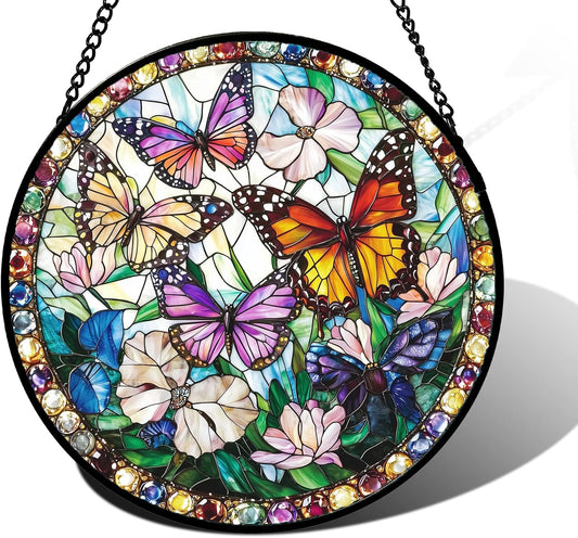 Stained Glass Window Hanging, Colorful Butterfly Suncatcher for Doors Home Sun Catchers Decoration