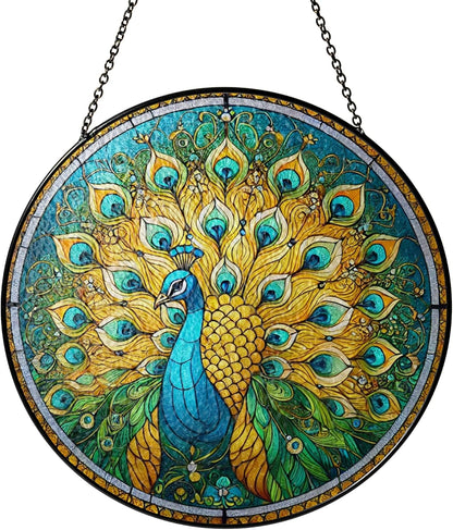 Peacock Stained Glass Suncatchers Wall Art Decor Exotic Birds Sun Catcher Nature Themed Window Garden for Animal Peacock Lovers Women Grandma Mom Painted Glass Panel Patio Décor