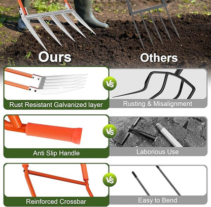 5-Tine Broadfork, 50" Broad Fork Garden Tool Heavy Duty Digging Pitch Fork with H-Shaped Design for Gardening, Farm Cultivating, Loosening Soil